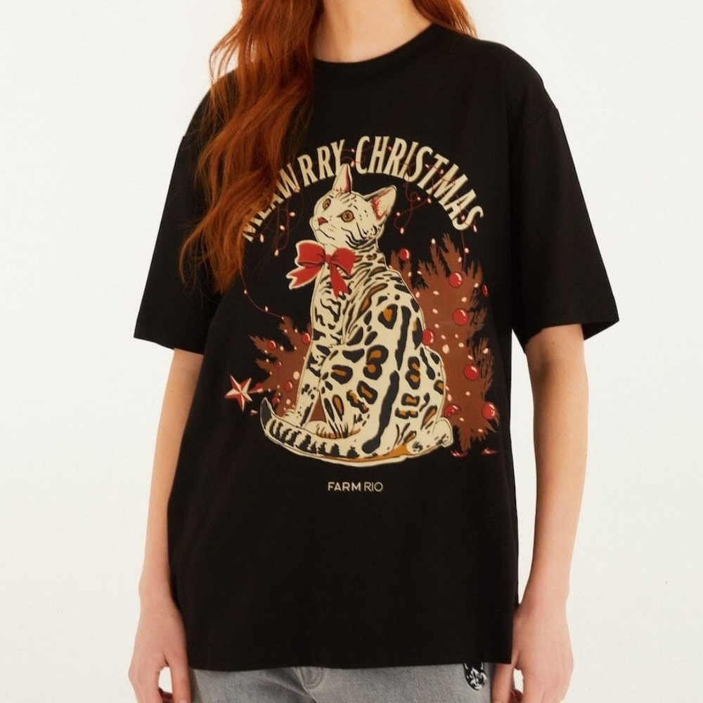 FARM RIO Black Meawrry Christmas Organic Cotton T-shirt Oversized NWT